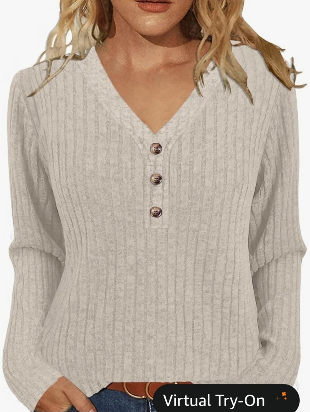 Amazon Ribbed V-Neck Long Sleeve Top - Oatmeal- Small